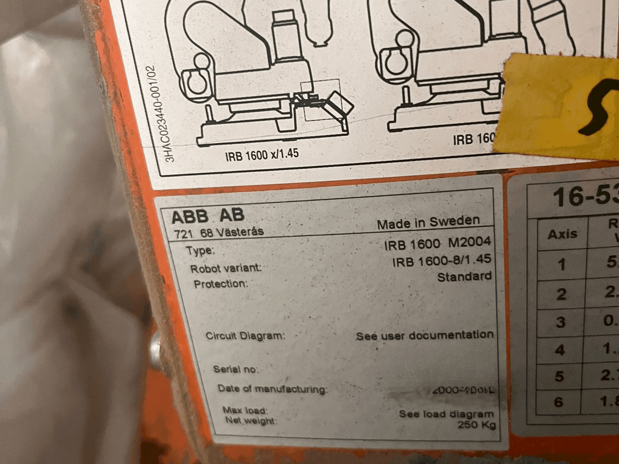 Typový štítek na ABB IRB 1600 M2004 stroje